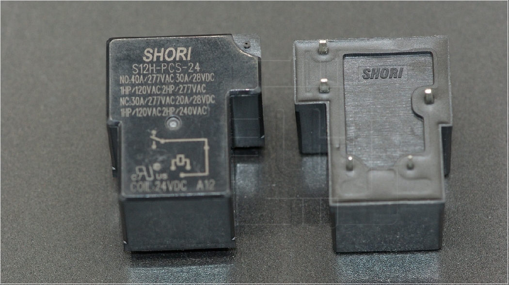 S12H-PCS-24                     Relé electromagnético, SPDT, bobina 24VDC, 5 Pines, 40A, Marca: Shori