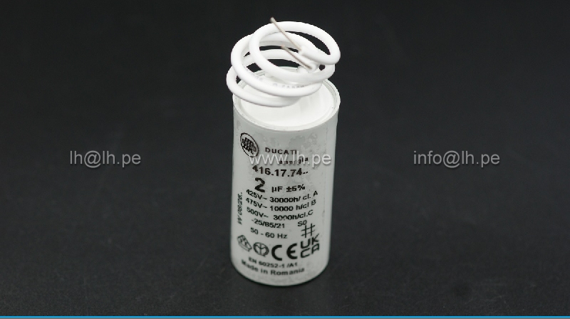 416177406                  Condensador para motor de trabajo; 2uF, 425/475VAC con salida de 2 cables, DUCATI