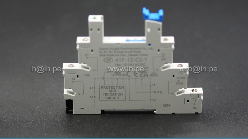 41F-1Z-C2-1                 Zócalo interfaz 5 pines, 12-24VAC/VDC, 6A, 250VAC, riel DIN, marca Hongfa