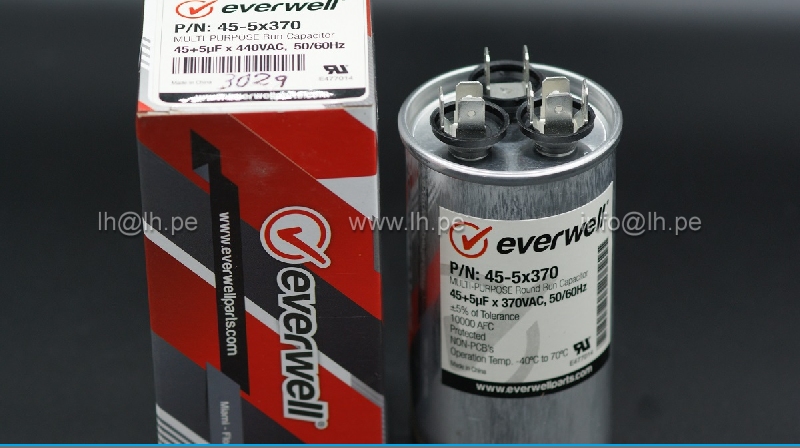 P/N: 45+5uF x 370VAC                    Capacitor trifásico Metalizado 45+5uF 370VAC, 50/60Hz, EVERWELL