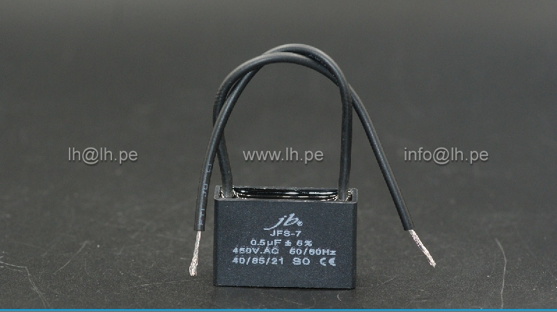 JFS7A6504J000000B                    Condensador para motor de trabajo 0.5uF, 450VAC, con salida de 2 cables, JB Capacitor