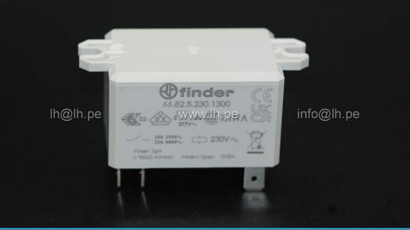 66.82.8.230.1300                      Relé electromagnético de potencia, DPST-NO; bobina 230VAC, 30A/250VAC, 6 Pines, FINDER