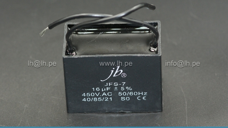 JFS7A6166J000000B         Condensador para motores, de trabajo; 16uF, 5%+/- 450VAC, 50/60Hz, JB Capacitor