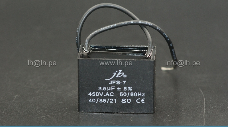 JFS7A6355J000000B                    Condensador de polipropileno; para motores, de trabajo; 3.5uF 450VAC, 50/60Hz, con salida de 2 cables, JB Capacitor
