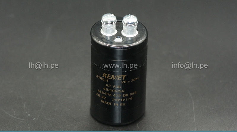 ALS40A472DB063           Capacitor electrolítico 4700uF, 63VDC, 20%, 36x62mm, terminal roscado, Marca: Kemet