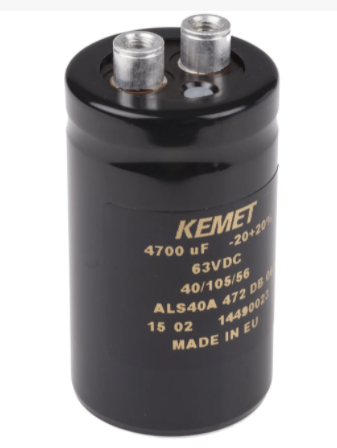 ALS40A472DB063           Capacitor electrolítico 4.7uF, 63VDC, 20%, 36x62mm, terminal roscado, marca Kemet.