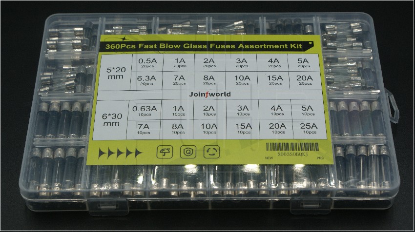 F5X20-F+F6X30-F360PCS                   Kit surtido de fusibles de vidrio accion rápido, 360 piezas, 24 valores, kit de fusibles automotrices 250V 0.5A 0.63A 1A 2A 3A 4A 5A 6.3A 7A 8A 10A 15A 20A 25A 0.197x0.787 in 