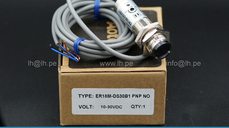 ER18M-DS30B1 PNP NO                    Sensor fotoeléctrico difuso 0 a 30cm, Metálica, PNP, 10-30VDC, Transparente, traslúcido, material opaco, AOTORO