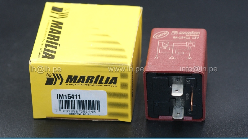 IM15411               Relay automotriz, flasher electrónico 12V, 3 Pines, 720W, ROJO, MARILIA