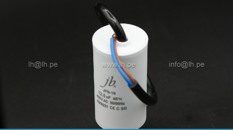 JFS16A612BJ000000B                      Capacitor para motor continuo 12.5uF, 450VAC, con salida cable perno, JB Capacitor