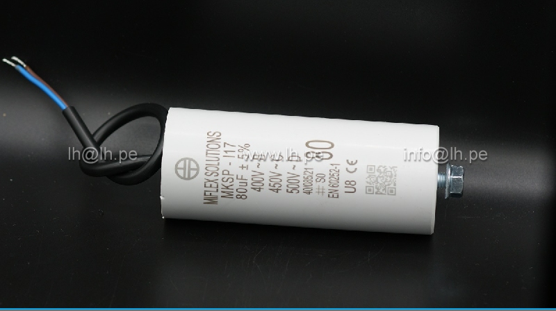 I170V680J-D                    Capacitor para motor continuo 80uF, 450VAC, Ø55x120mm, con salida cable y perno, MIFLEX
