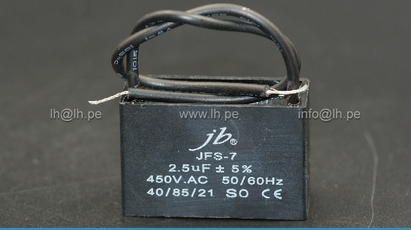 JFS7A6255J000000B                 Condensador para motores, de trabajo; 2.5uF, 50/60Hz, 450VAC, con salida de 2 cables, JB Capacitor