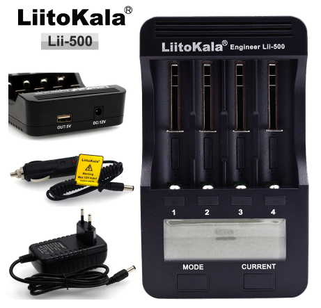 Lii-500+US+CAR       Cargador de Baterías inteligente LiitoKala Lii-500, Liitokala Lii-500 LCD 3.7 V 18650 18350 18500 16340 17500 25500 10440 14500 26650 1.2 V AA AAA NiMH