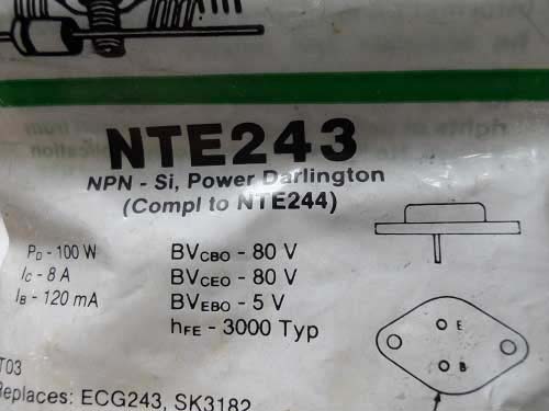 NTE243 (NPN) and NTE244 (PNP) are silicon complementary Darlingt