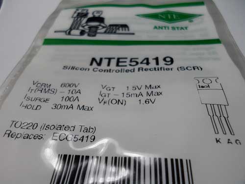 NTE5419   Silicon Controlled Rectifier (SCR). 10 Amp, TO220 Isol