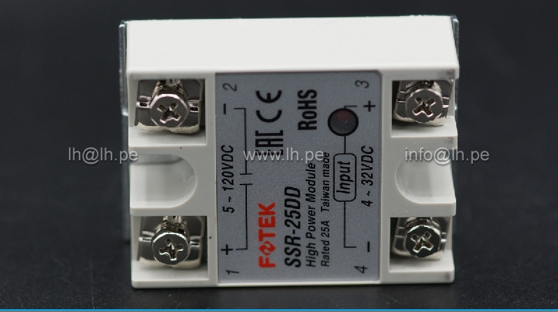 SSR-25DD                    Relé de Estado sólido 25A, 4-32VDC/5-120V, marca Fotek