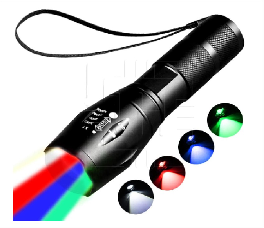 YZYOE-RGB                Linterna negra recargable USB, de 4 modos, luz verde, azul, rojo y blanca, 4 en 1 