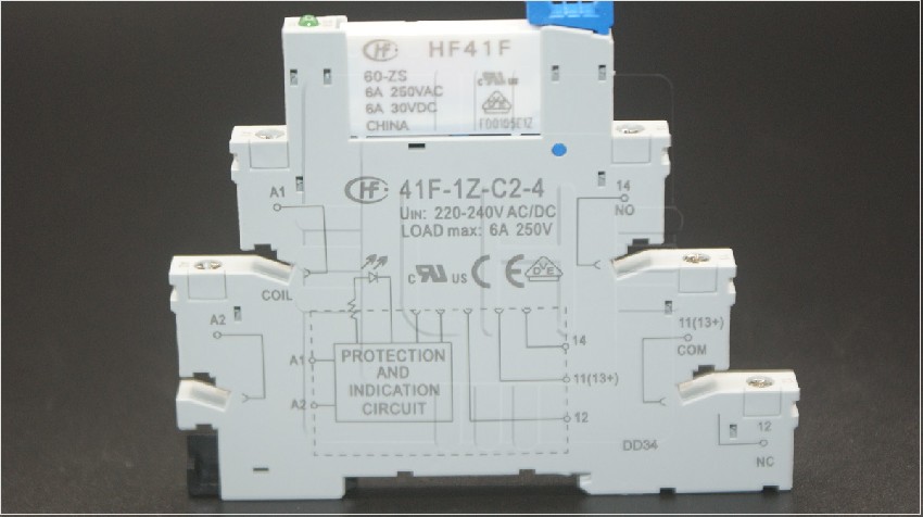 HF41F/60-ZS + 41F-1Z-C2-4            Relé de potencia, 6A, 60VDC, 5 Pin;  220-240VDC/CA, mas base interfase HF41F; Marca: HongFa