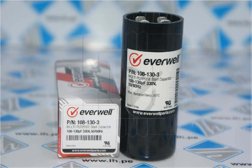 P/N: 108-130-3                  Capacitor arranque Multi-Purpose start 108-130uF, 330VAC, 50/60Hz. Everwell