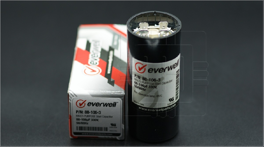 P/N: 88-106-3                Capacitor arranque Multi-Purpose start 88-106uF 330VAC, Marca Everwell