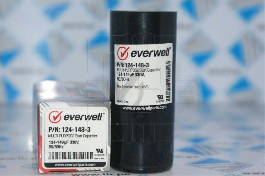 124-148-3            Capacitor arranque Multi-Purpose start 124-149uF, 330VAC, 50/60Hz, marca Everwell