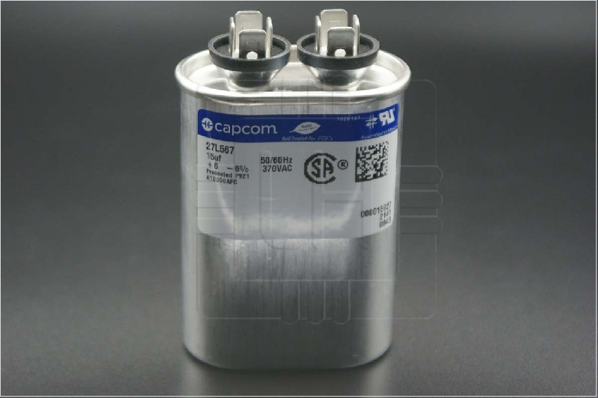 27L567               Capacitor Polypro Metallized 15uF, Tol 6%, Vol-Rtg 370 AC, QC, Motor Run, Oval, Marca: Capcom