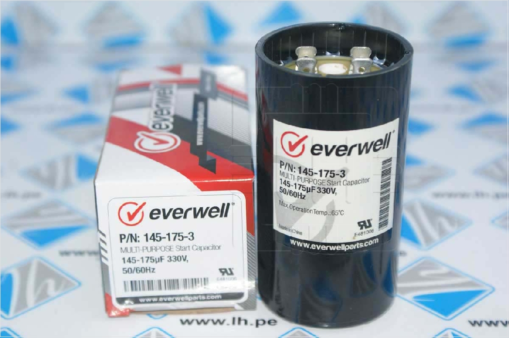 P/N: 145-175-3             Capacitor arranque Multi-Purpose start 145-175uF, 330VAC, 50/60Hz. Everwell