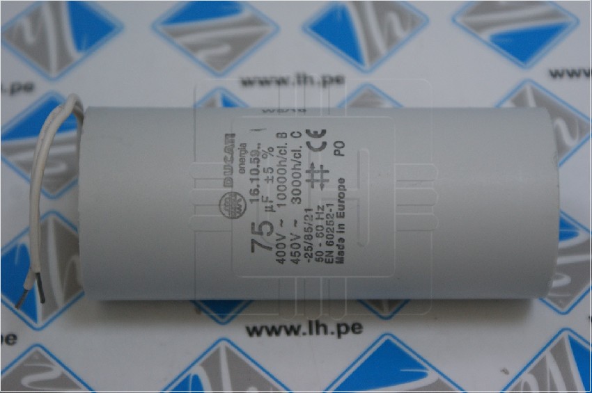 16.10.59...75uF            CONDENSADOR DE ENERGIA 75uF, +/-5%, 400/450VAC, MARCA DUCATI.