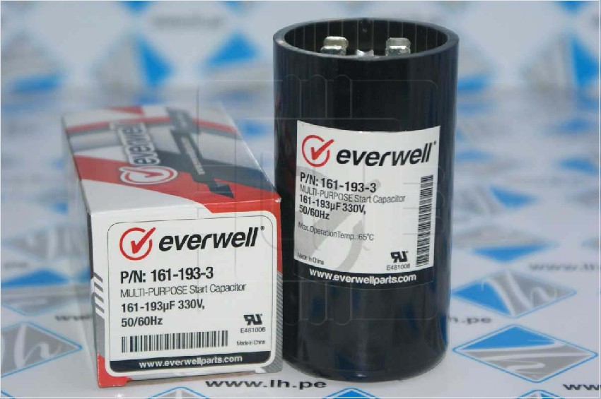 P/N: 161-193-3                 Capacitor arranque Multi-Purpose start 161-193uF 330VAC, 50/60Hz. Everwell