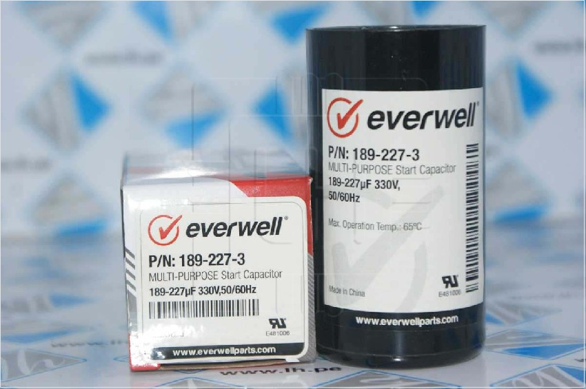 P/N: 189-227-3                 Capacitor arranque Multi-Purpose start 189-227uF, 330VAC, 50/60Hz, Marca Everwell