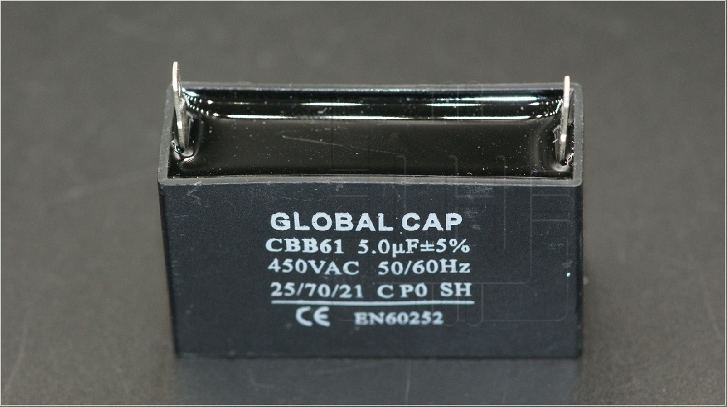 CBB61 5uF 450V              Capacitor para motor 5uF 450VAC, 50/60Hz 2 terminales rectangular, marca Global Cap