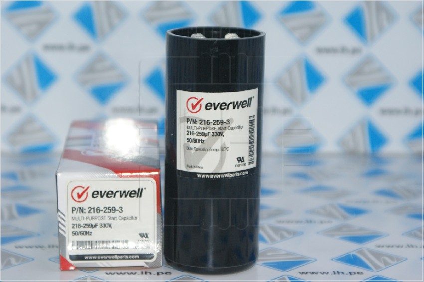 P/N: 216-259-3               Capacitor arranque Multi-Purpose start 216-259uF, 330VAC, 50/60Hz. Everwell