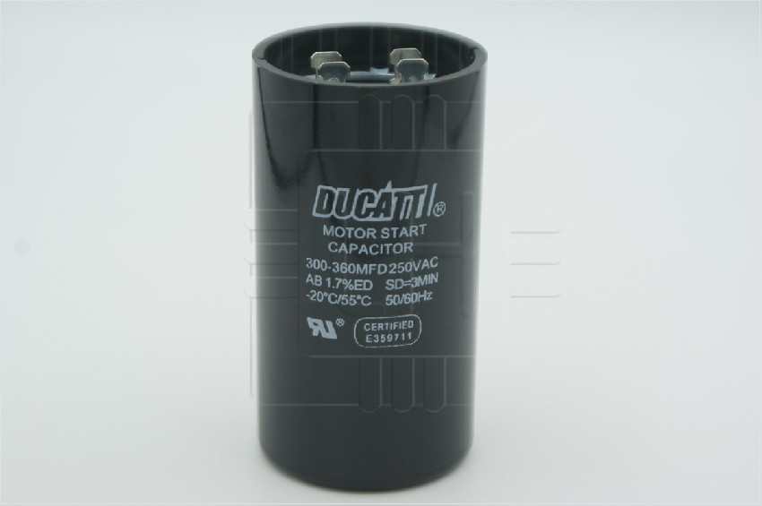 300-360uF 250VAC                     Capacitor de arranque 300-360uF 250VAC; 50/60Hz; Ducatti