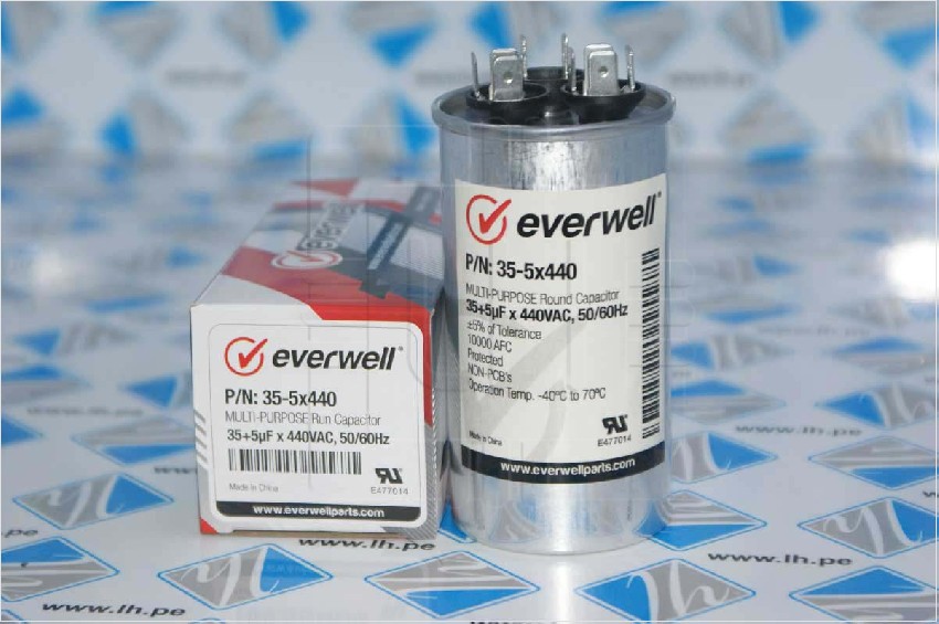 P/N: 35-5uFx440                Condensador de doble funcionamiento redondo 35-5uF, 440VAC, 50/60Hz. Everwell