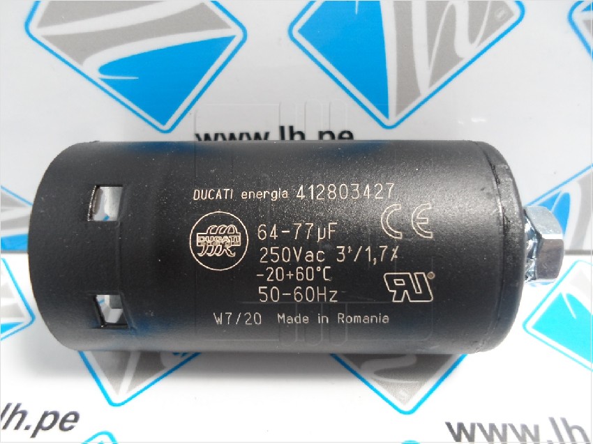 412803427                Condensador electrolítico 64 -77uF, 250V, ±10%, tornillo M8