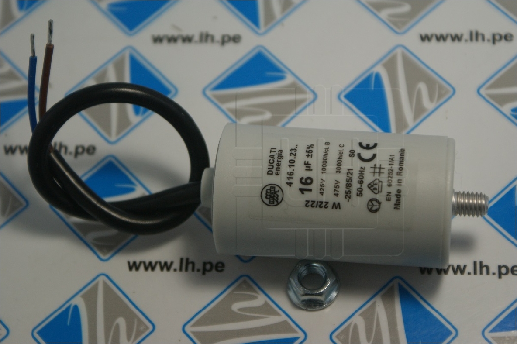 416102314              Condensador para motor de trabajo 16uF, 425VAC, 40x70mm, marca Ducati
