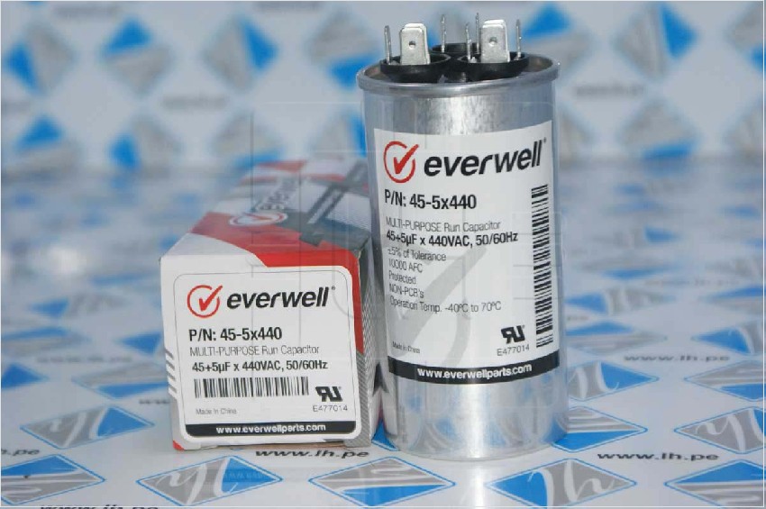 45+5uF x 440              Condensador de doble funcionamiento redondo 45-5uF, 440VAC, Everwell