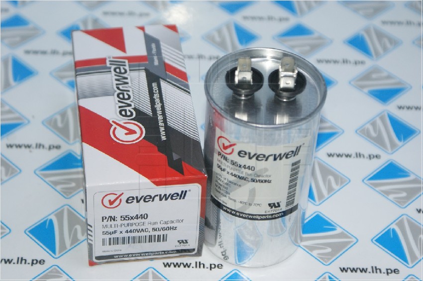 P/N: 55X440            Capacitor Metalizado Multi-Purpose Run 55uF, 440VAC, 50/60Hz. Marca: Everwell