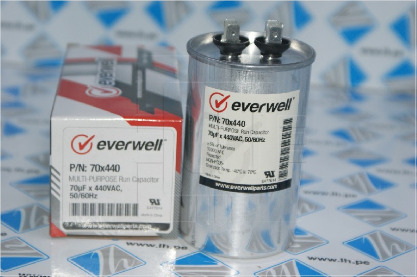 P/N: 70x440                 Capacitor Metalizado Multi-Purpose Run 70uF, 440VAC, 50/60Hz. Everwell