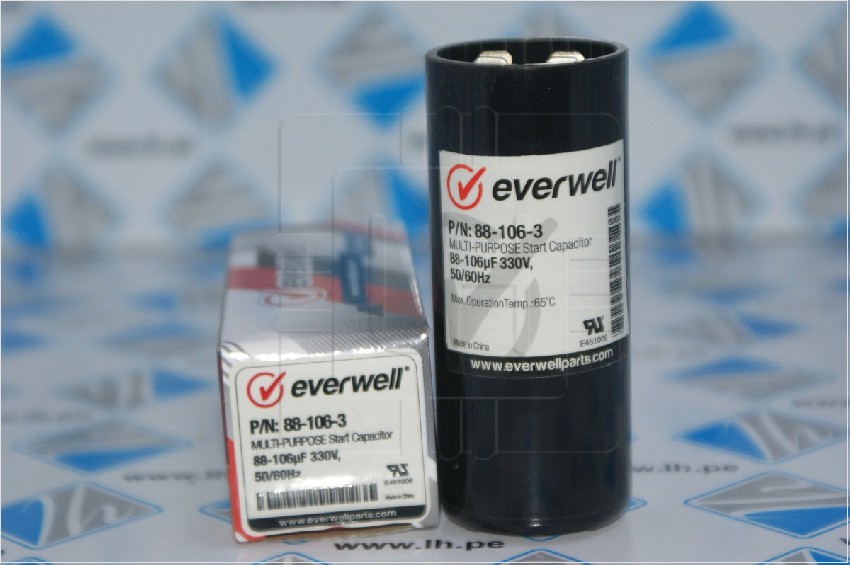 P/N: 88-106-3                Capacitor arranque Multi-Purpose start 88-106uF 330VAC, 50/60Hz. Everwell