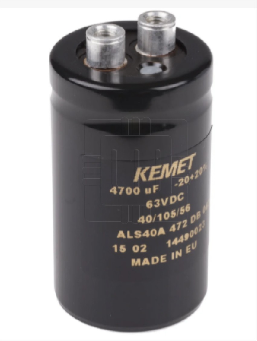 ALS40A472DB063           Capacitor electrolítico 4700uF, 63VDC, 20%, 36x62mm, terminal roscado, Marca: Kemet