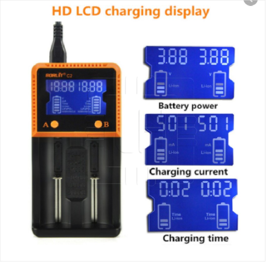 BORUIT C2          cargador de USB Smart BORUIT C2 Pantalla LCD Inteligente para 26650/18650/18490/17335/16340/10440 Ni-MH/Ni-Cd/Li-ion AA/AAA/c