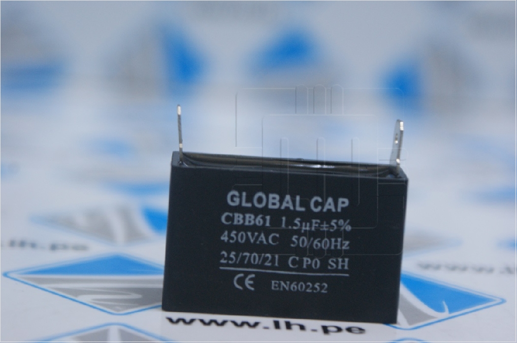 CBB61 1.5uF            Condensador de PVC 1.5uF, 450VAC, 50/60Hz, 2 terminales, Marca Global Cap