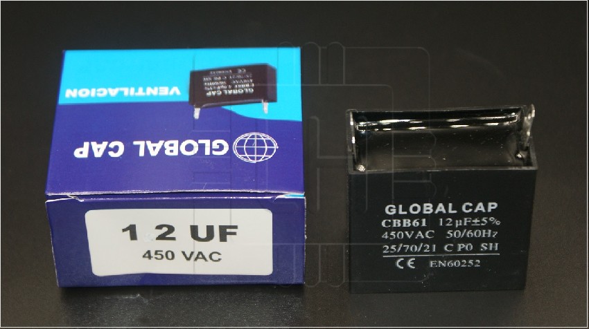 CBB61 12uF                           Capacitor para motor 12uF 450VAC; 5%+/-; 2 PIN; Marca: Global Cap