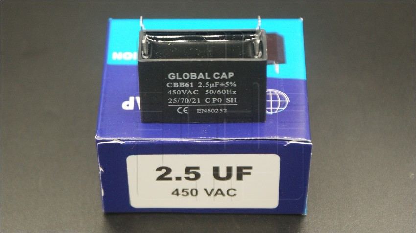 CBB61 2.5uF          Capacitor para motor 2.5uF, 450VAC, 2 pines, Global Cap