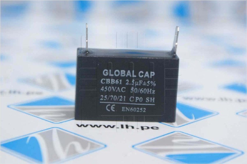 CBB61 2.5uF             Condensador de PVC, 2.5uF, 450VAC, 50/60Hz, 2 terminales