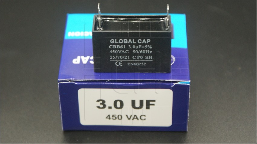 CBB61 3.0uF                       Capacitor para motor 3.0uF 450VAC; 5%+/-; 2 PIN; Marca: Global Cap