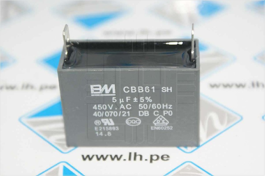 CBB61 5uF 450V              Capacitor para motor 5uF 450VAC, 50/60Hz 2 terminales rectangular en CBB61