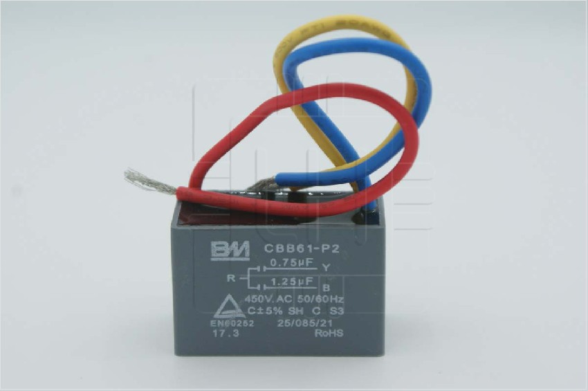 CBB61-P2 0.75uF + 1.25uF                      Capacitor para motor 0.75uF/1.25uF, 450VAC, 50/60Hz, con 3 cables