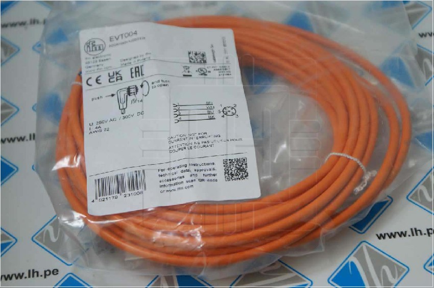 EVT004          Cable de conexión ifm electronic, con.A, M12 Hembra, 4 polos, con. B Extremo libre, long. 5m, 250 V ac, 300 V dc, 4 A,